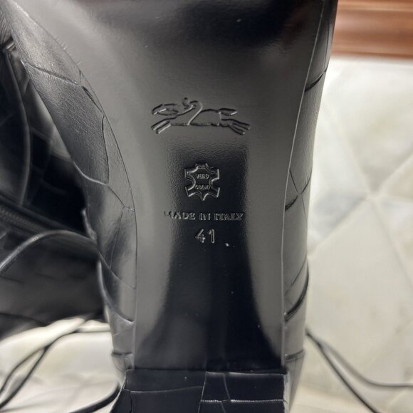 41/10 Black Leather Croc Round Toe Lace Up Zip Block Heel Ankle Boot Bootie - Picture 11 of 12